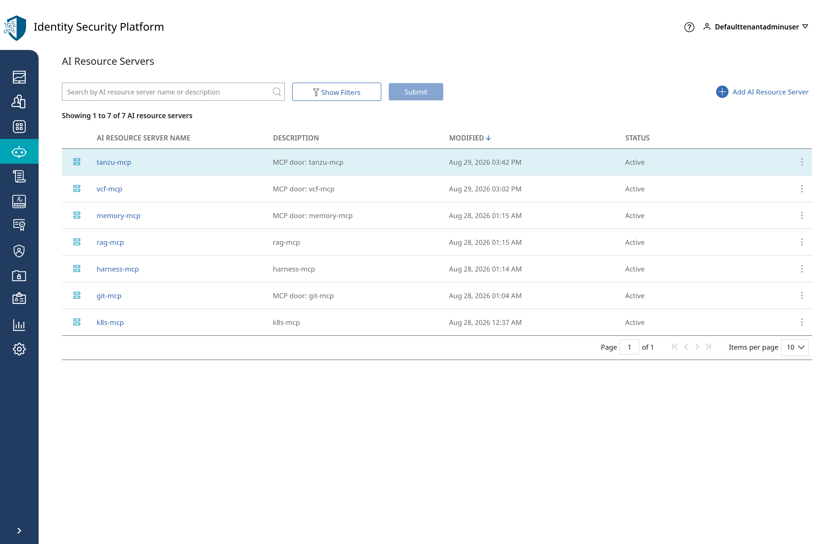 AgentMinder's AI Resource Servers list: seven registered MCP doors — tanzu-mcp, vcf-mcp, memory-mcp, rag-mcp, harness-mcp, git-mcp and k8s-mcp — all Active
