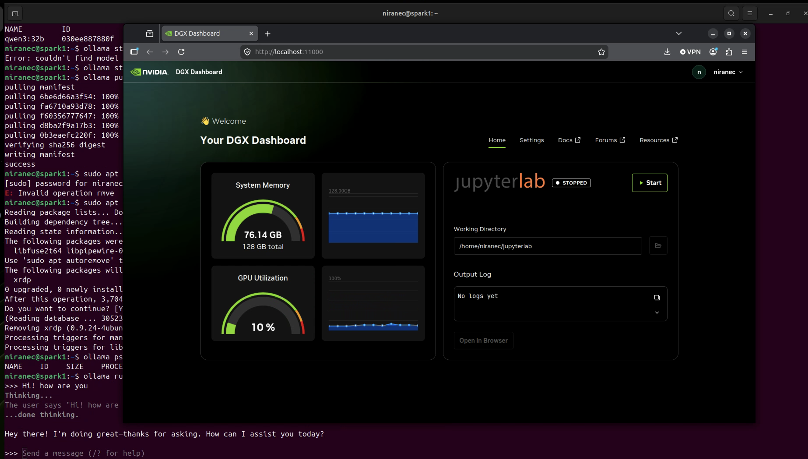 DGX Dashboard showing GPU utilization and system memory during a chat prompt