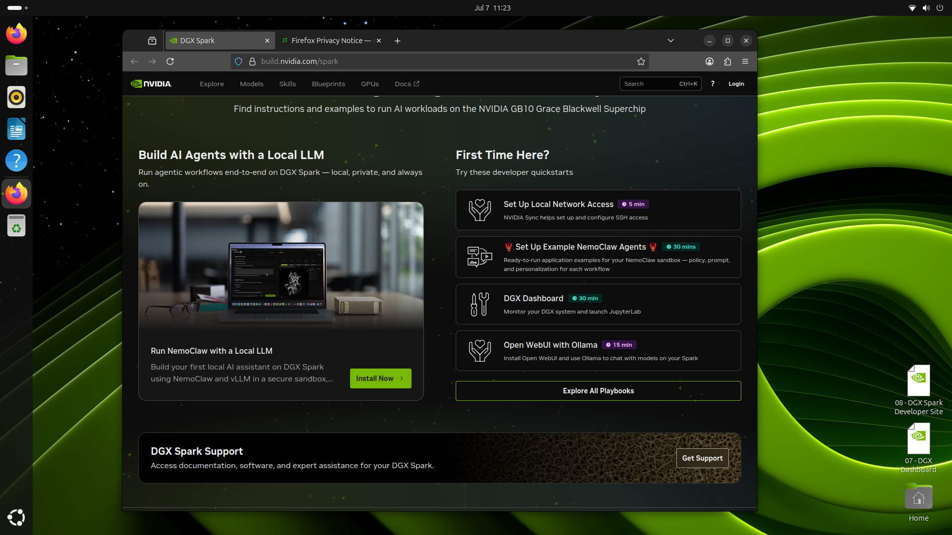 The NVIDIA DGX Spark developer portal, with NemoClaw and Open WebUI quickstarts ready to go